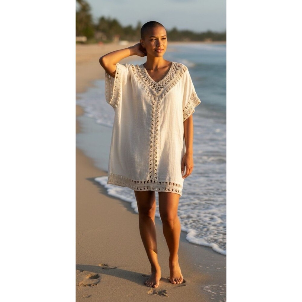 Forgotten Grace V-neck crochet accent womens tunic blouse cover up XL summer